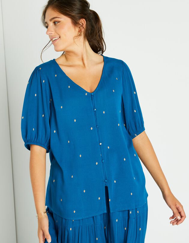Blouse imprimé doré, crépon (bleu paon / doré)