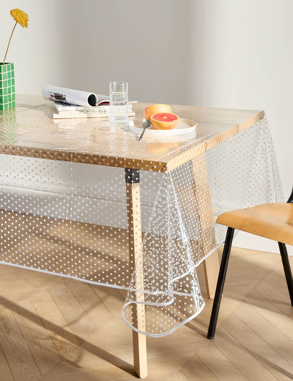 Tafellaken in doorzichtige toile cir&eacute;e met witte stippenprint (transparant / wit)
