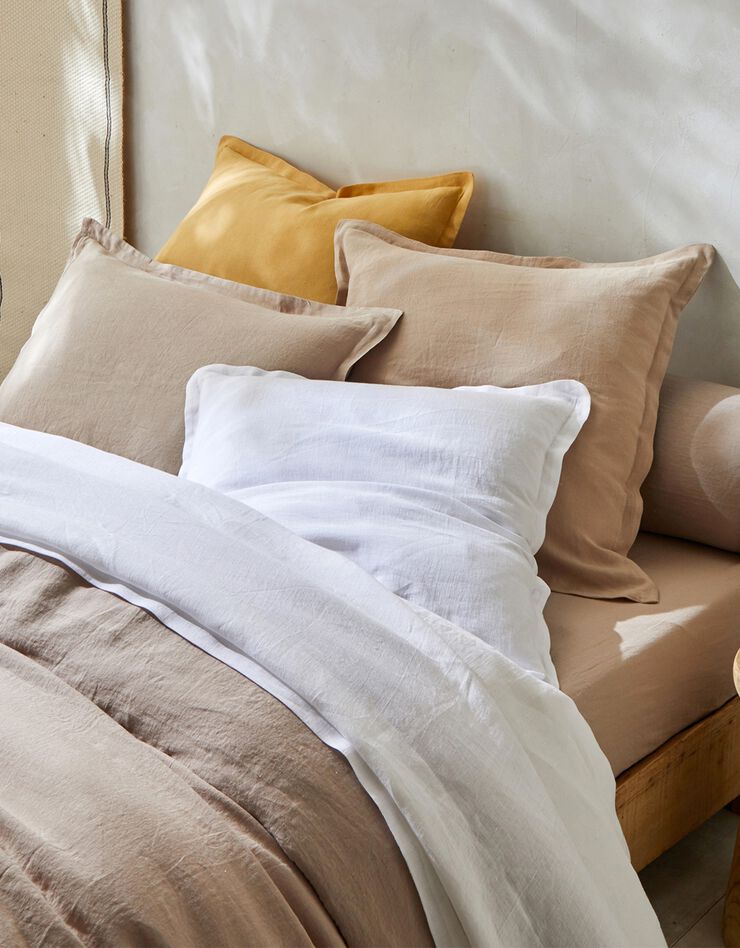 Effen bedlinnen in gewassen linnen (beige)