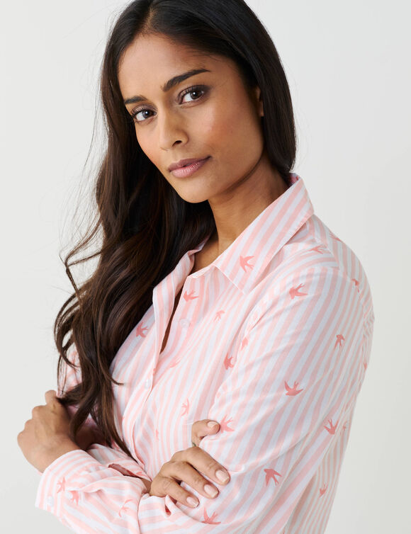 Bloes met strepen- en vogelprint (roze)