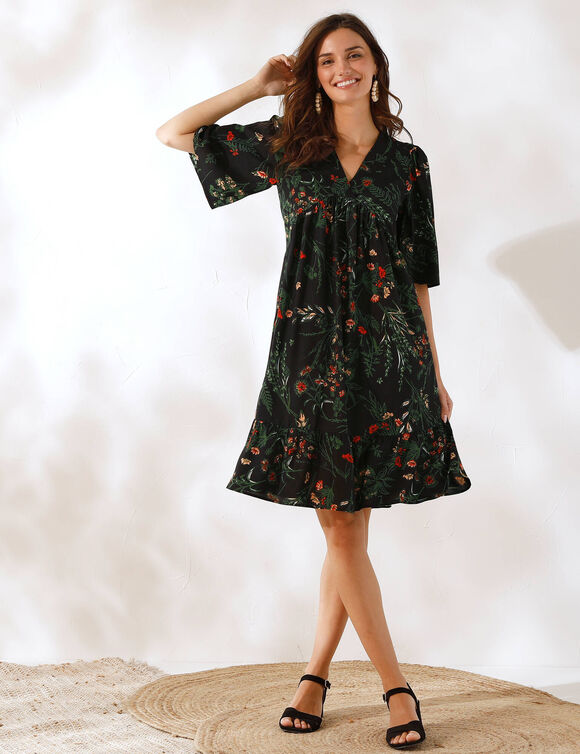 Robe courte col V, imprimé fleuri (noir)