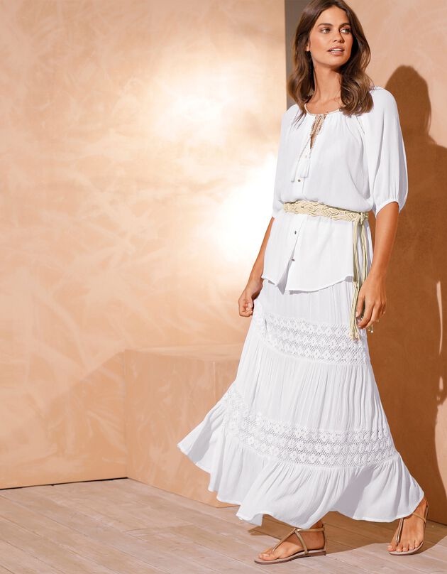 Jupon long crépon macramé, blanc Jupon long crépon macramé, blanc, hi-res