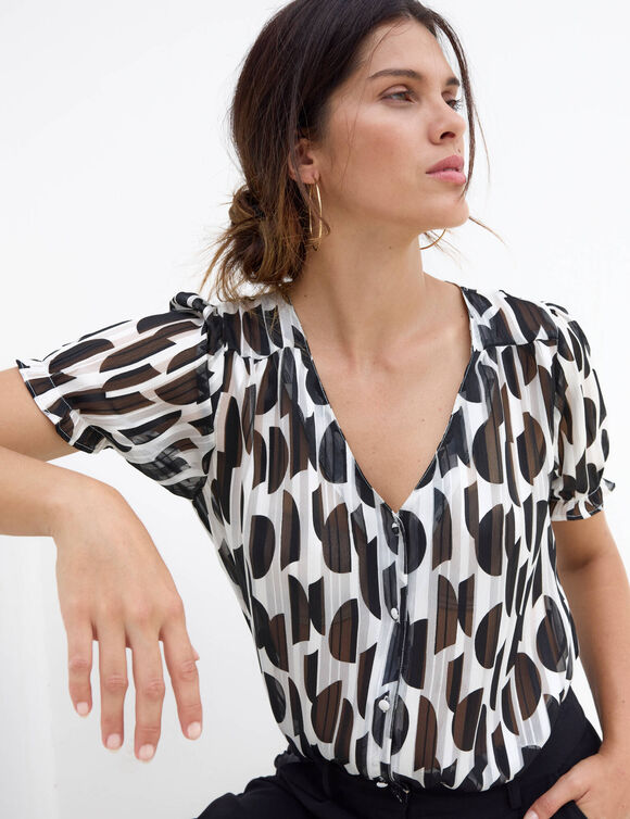 Chemisier manches blousantes imprimé bicolore, voile jacquard (noir / écru)