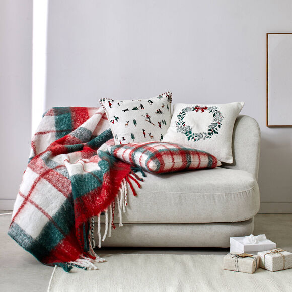 Coussin écossais tissé-teint (ecru / rood / groen)