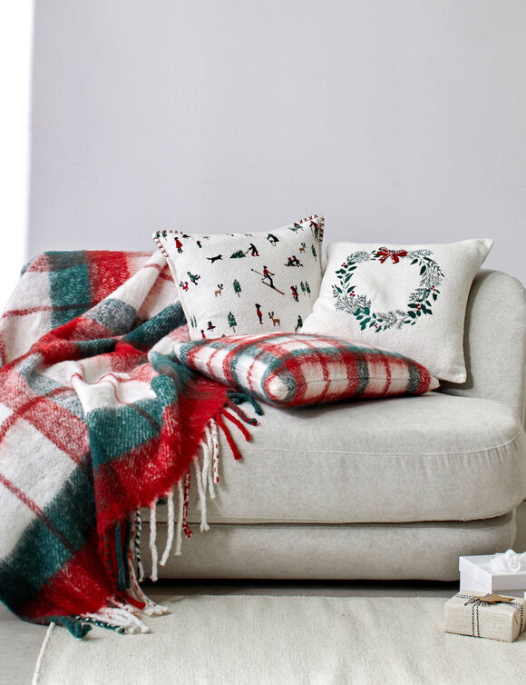 Coussin écossais tissé-teint (écru / rouge / vert)