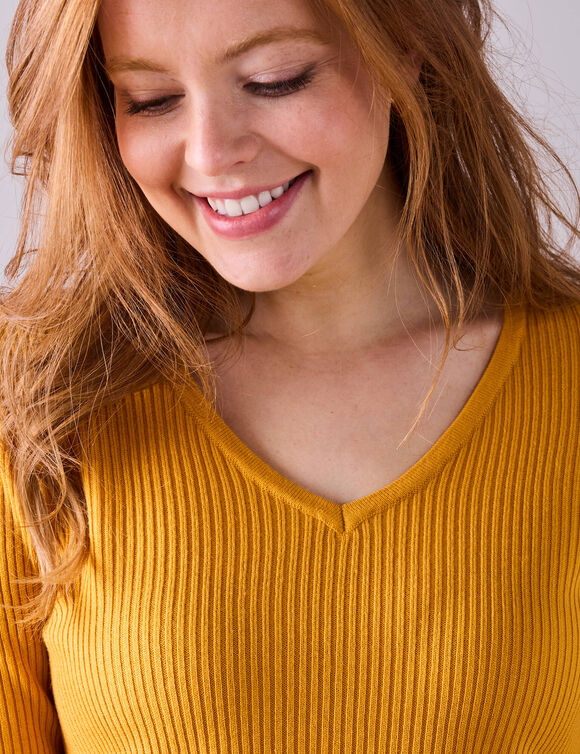 Pull col V, maille c&ocirc;tel&eacute;e (curry)