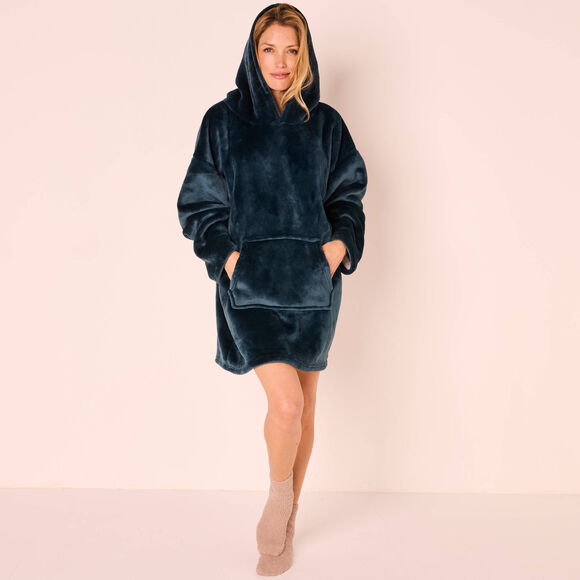 Plaid-sweat polaire à capuche doublé sherpa (grijsblauw)