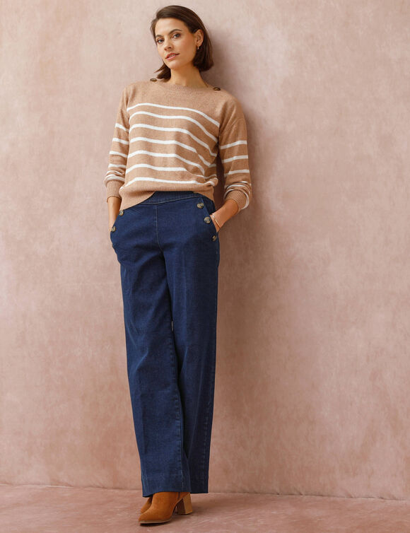 Pull col bateau rayé, épaules boutonnées (beige chiné / écru)