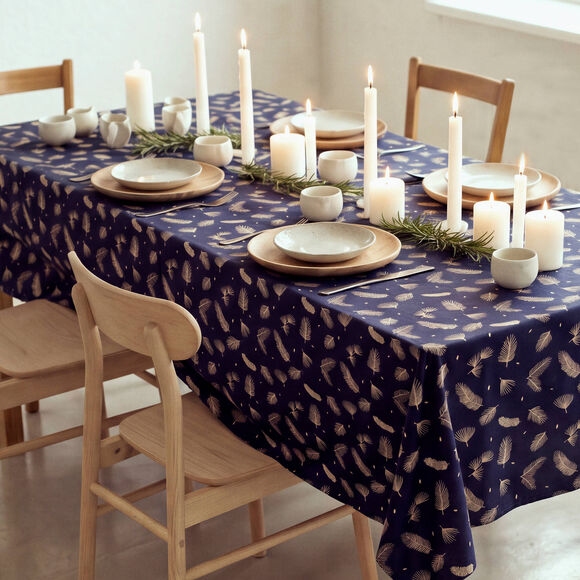Nappe imprim&eacute;e feuillage dor&eacute; (bleu marine)