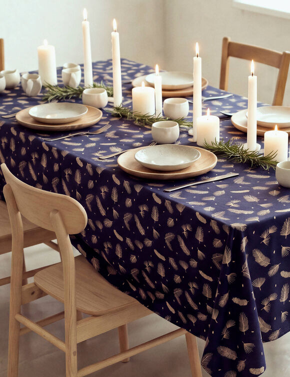 Tafellaken met goudkleurig bladmotief (marineblauw)