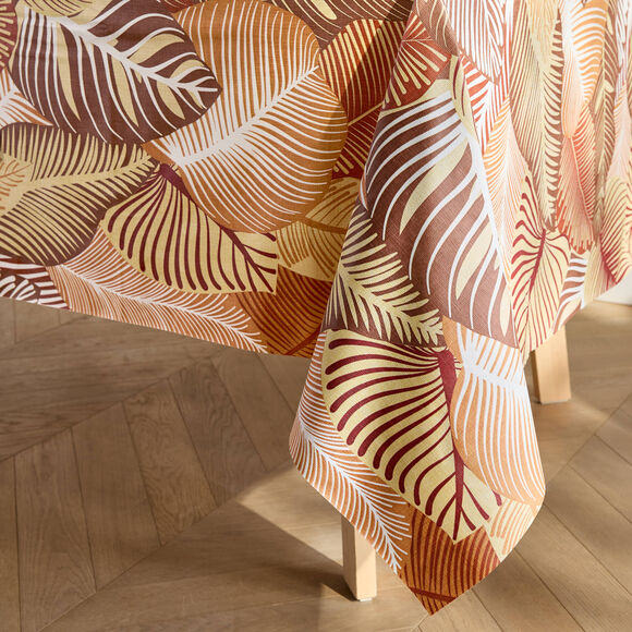 Tafellaken in toile cir&eacute;e met grote bladerenprint (terracotta)