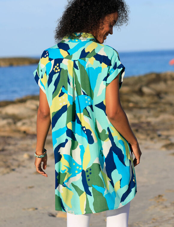 Robe de plage imprimée, crépon (bleu / vert)