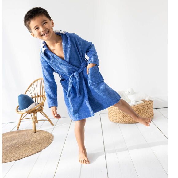 Badjas voor kinderen, haaienmotief, in katoenen badstof - 340 g/m2 (felblauw)