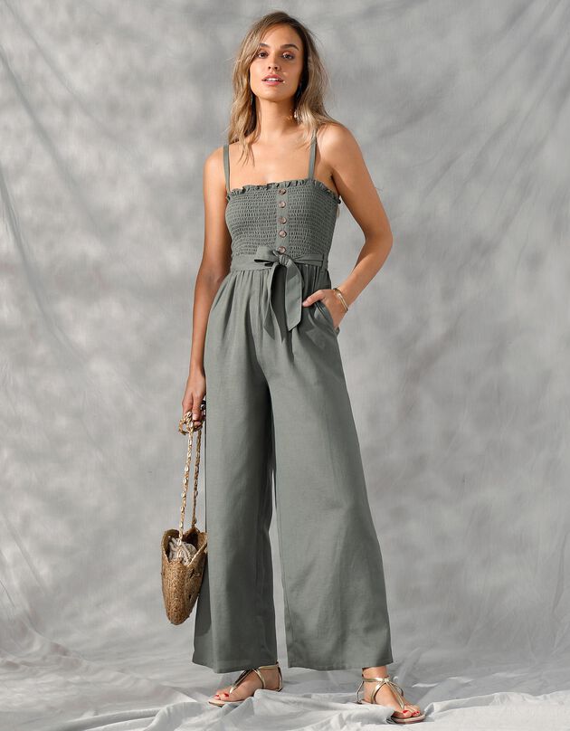 Jumpsuit met smokwerk en fijne bandjes (kaki)