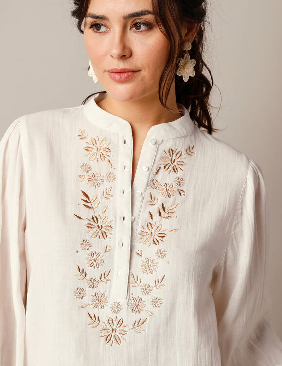 Blouse brodée, double gaze de coton (écru / beige)