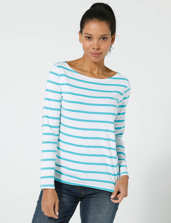 T-shirt marinière manches longues, coton biologique(**) (blanc / turquoise)