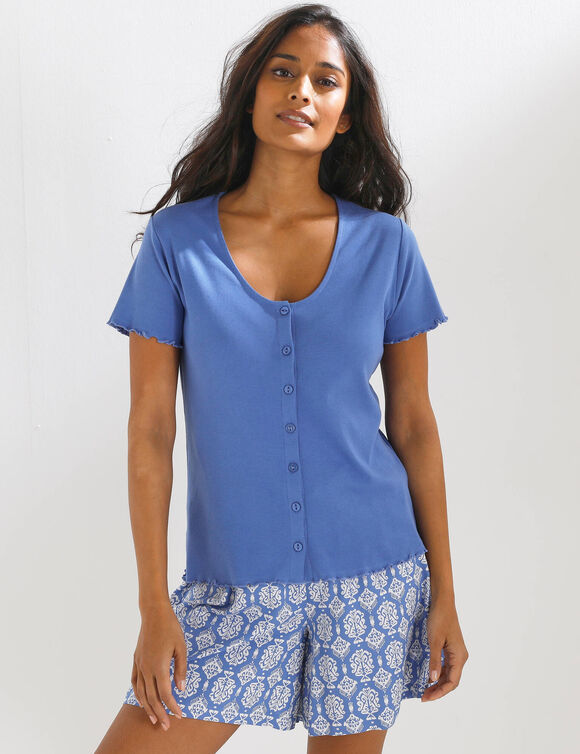 T-shirt col V boutonn&eacute;, finition frisottis (bleu)