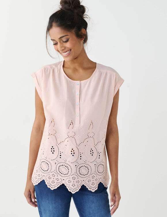 Blouse en broderie anglaise, sans manches (rose poudr&eacute;)