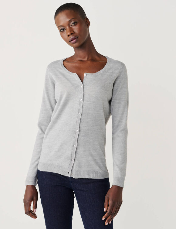 Cardigan boutonn&eacute; col rond uni, toucher doux (gris chin&eacute;)