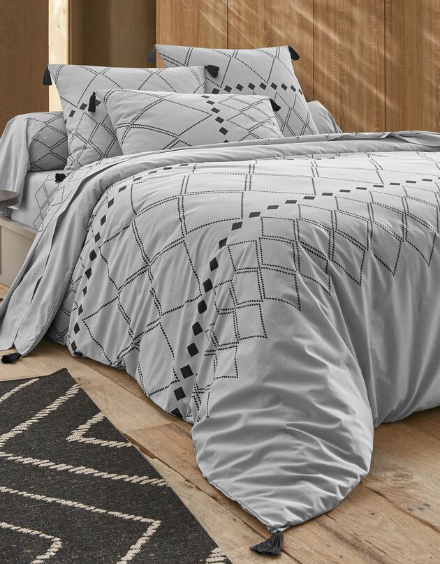 Bedlinnen Massai, in katoen met grafische motieven, afgewerkt met pompons (grijs)