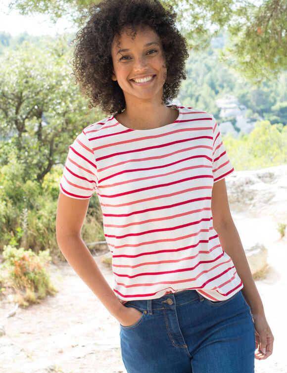 Gestreept T-shirt met korte mouwen, jerseytricot (ecru / rood)