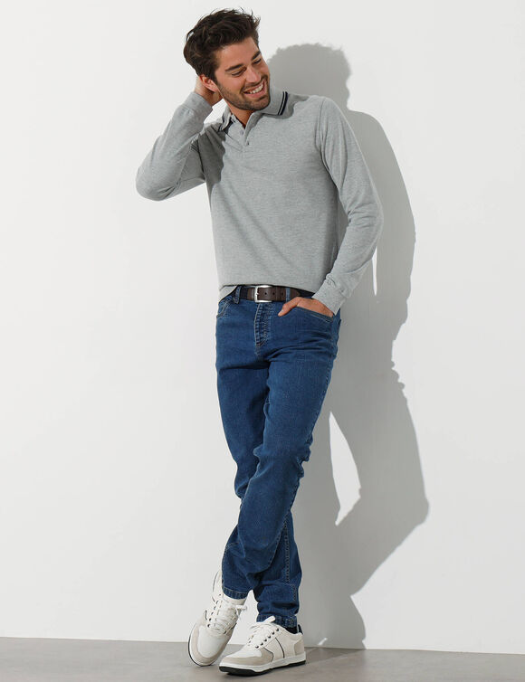 Polo uni maille piquée manches longues (gris chiné)