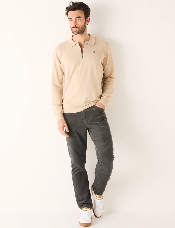 Pull fin col polo zippé broderie poitrine (beige clair)
