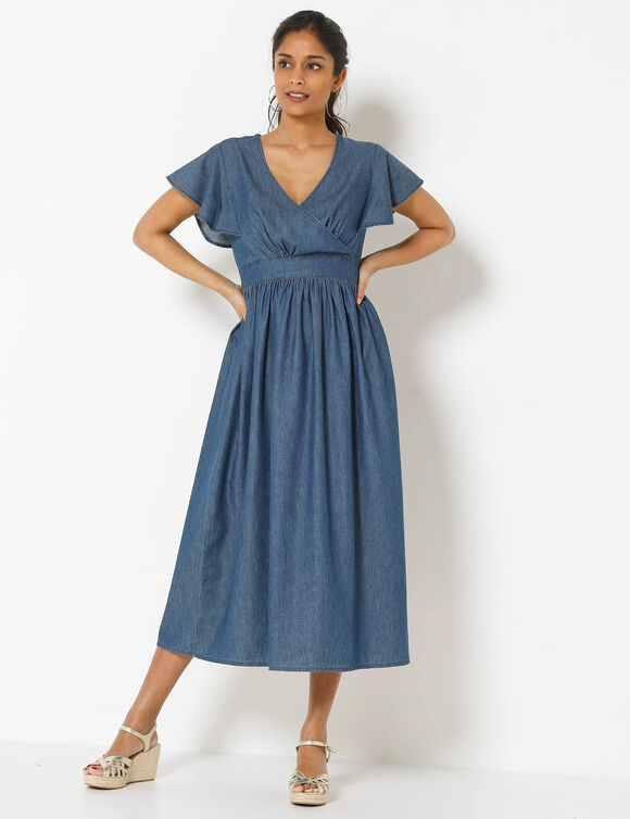 Robe volant&eacute;e cache-coeur, denim l&eacute;ger (stone)