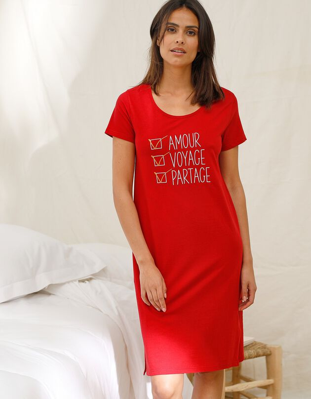 Chemise de nuit courte à manches courtes, imprimé wishlist*, rouge foncé Chemise de nuit courte à manches courtes, imprimé wishlist*, rouge foncé, hi-res
