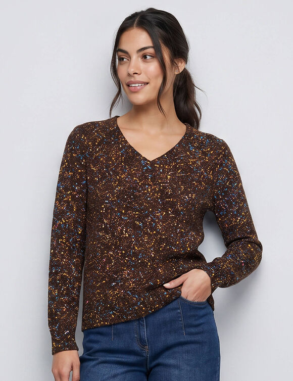 Pull col V volume loose, maille anglaise moulin&eacute;e (chocolat)