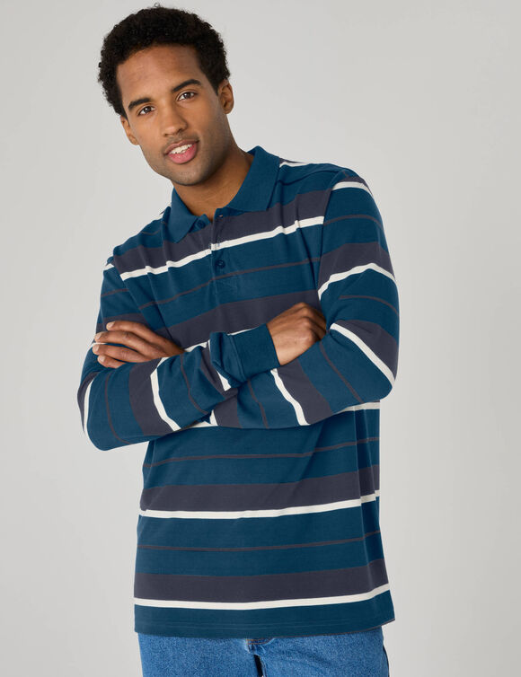 Polo ray&eacute;e maille piqu&eacute;e manches longues  (bleu canard / marine)