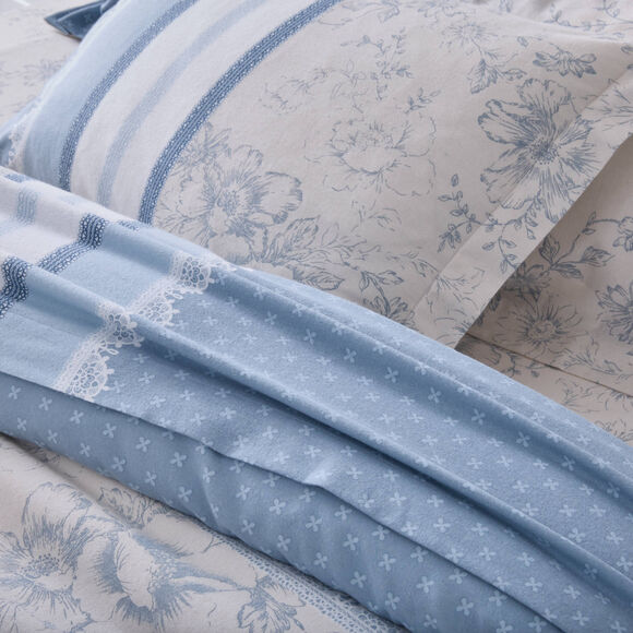 Linge de lit Gabrielle imprim&eacute; pois-fleurs-dentelle - flanelle 150 g/m&sup2; (bleu gris&eacute;)