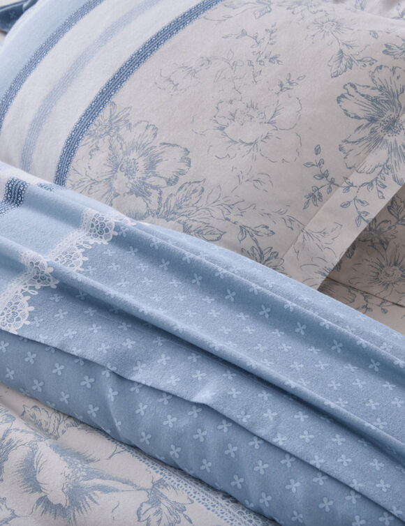 Gabrielle-beddengoed met stippenprint, bloemenprint en kantmotief &ndash; flanel 150 g/m&sup2; (grijsblauw)