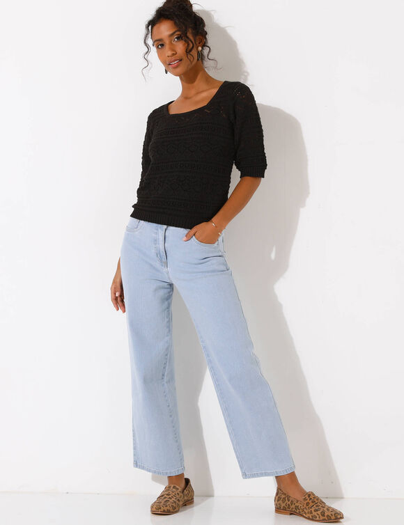 Pull col carr&eacute; uni, maille ajour&eacute;e (noir)