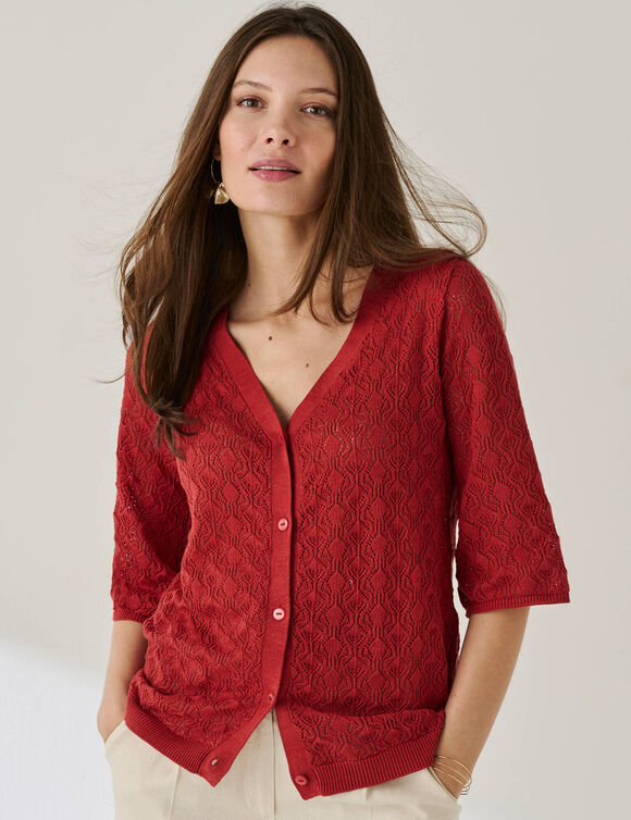 Gilet boutonn&eacute; en maille ajour&eacute;e  (terracotta)