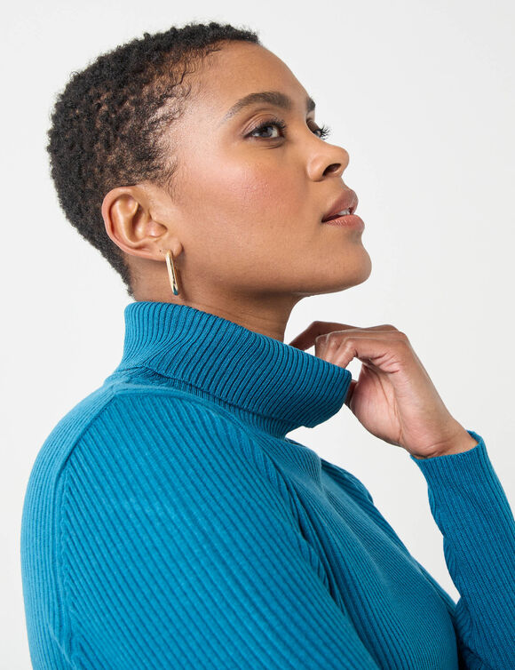 Pull col roulé, maille côtelée (bleu canard)