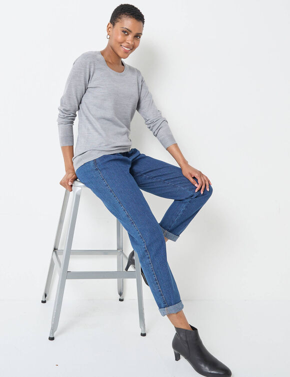Pull col rond uni, manches longues, toucher doux (gris chiné)