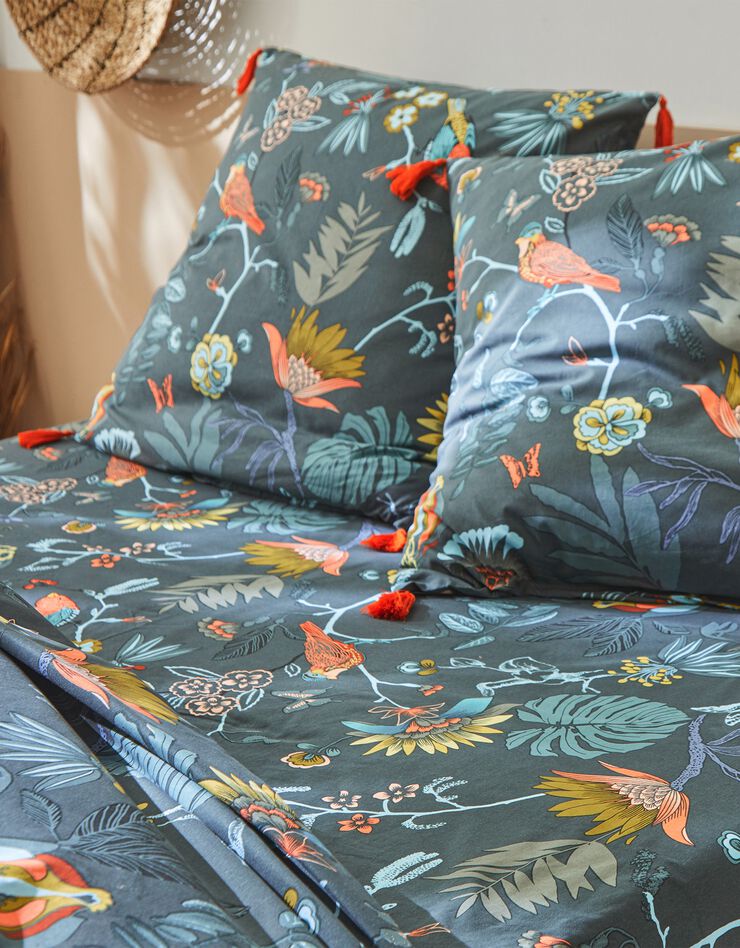 Linge de lit Amelia en coton imprimé oiseaux et finitions pompons, vert canard, hi-res image number 5