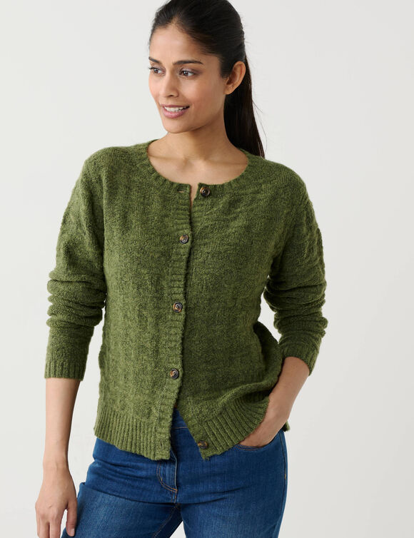 Gilet boutonn&eacute;, maille fantaisie en laine m&eacute;lang&eacute;e (vert mousse)