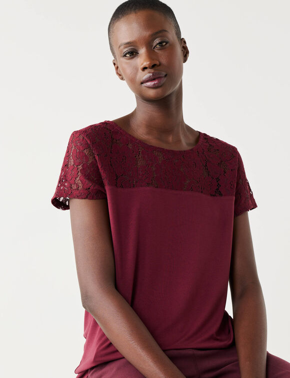 T-shirt met korte mouwen en kant (bordeaux)