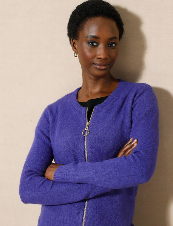 Cardigan zippé, maille moelleuse (violet)