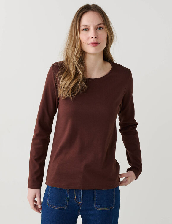 T-shirt col rond en maille c&ocirc;tel&eacute;e, manches longues (chocolat)