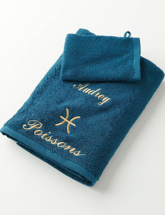 Serviettes de bain brodées Poisson personnalisable - 420g/m2 (bleu paon)