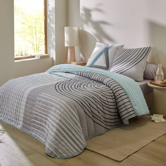 Couvre-lit matelassé imprimé graphique (gris / bleu)
