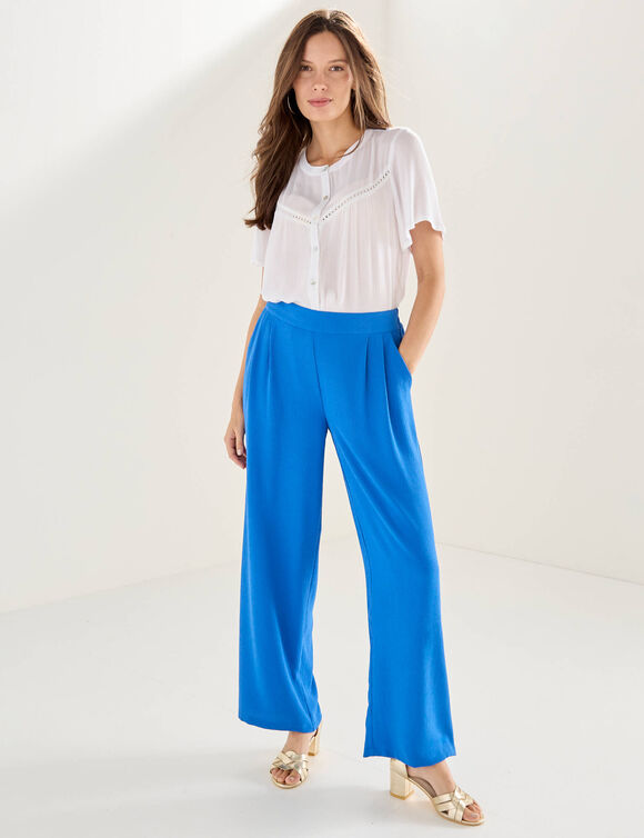 Pantalon large taille haute &agrave; enfiler, cr&ecirc;pe fluide (bleu)