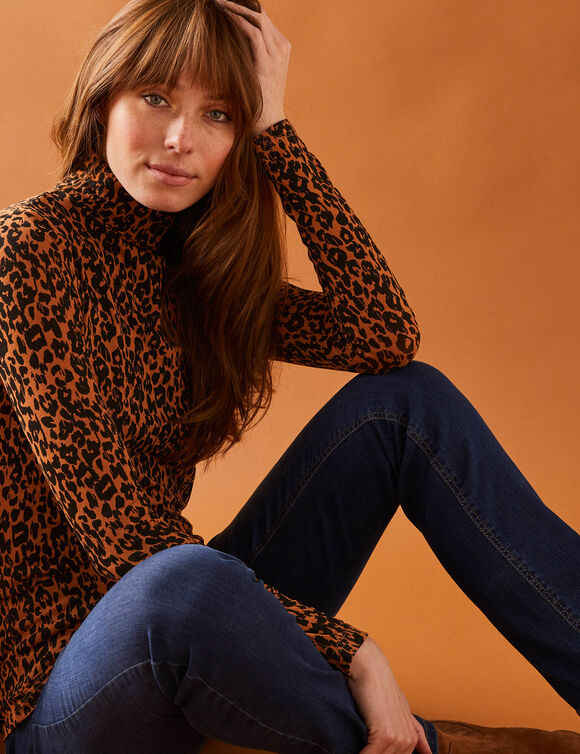 Sous-pull col roulé imprimé peau de bête, stretch (caramel / noir)