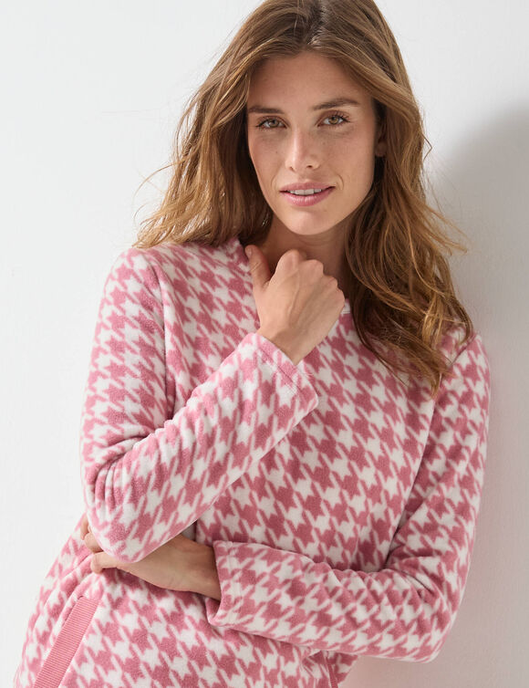 Chemise de nuit courte polaire imprimé  "pied de coq" (rose)