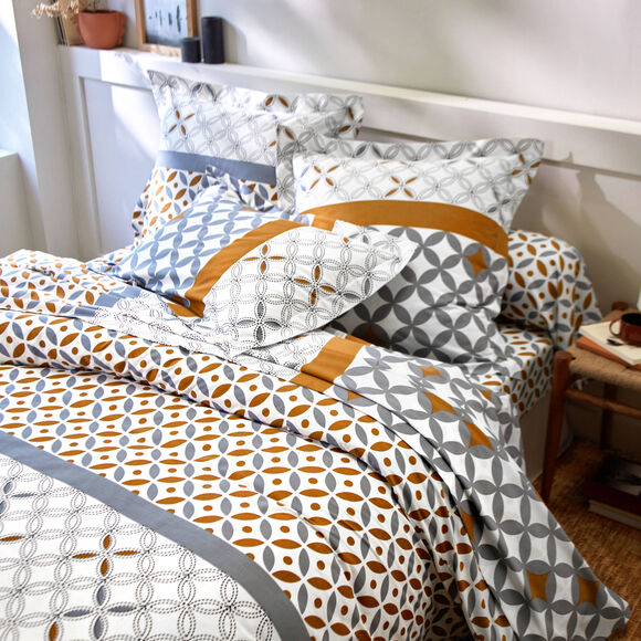 Linge de lit Marlow en coton motifs géométriques (gris / caramel)