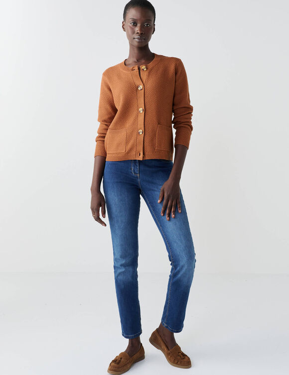 Gilet paletot maille fantaisie, boutons effet corne (caramel)