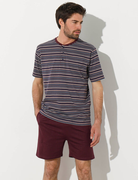 Pyjama-short rayé col tunisien (bordeaux)